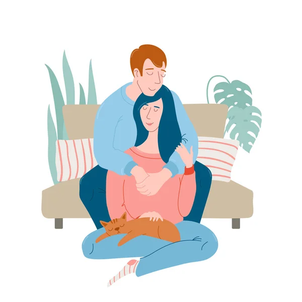 Cozy portrait of a young couple hugging and a cat — Stock Vector