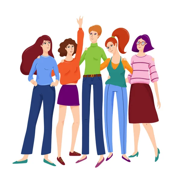 Grupo de amigas, mujeres abrazadas y sonrientes — Vector de stock