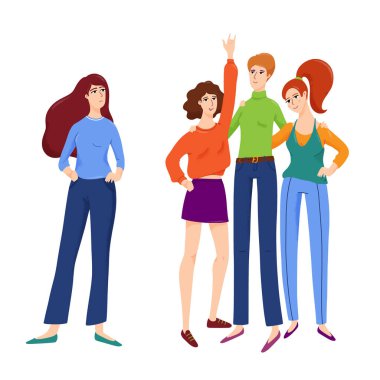 Bir grup kucaklaşmacı arkadaş ve kadın tek başlarına duruyorlar.