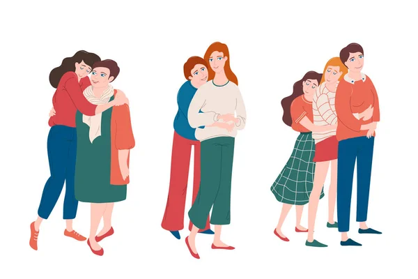 Set of young women hugging with moms with love — Stock Vector