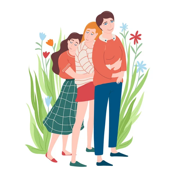 Women day card, two adult daughters hugging mom — Stock Vector