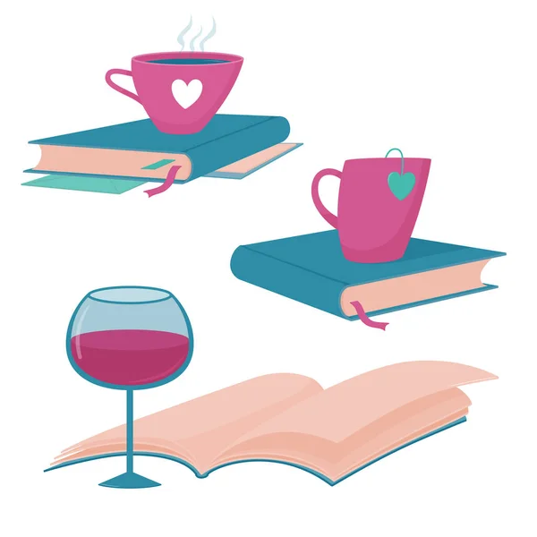 Logotipo de lectura con libros, copas y copa de vino — Vector de stock