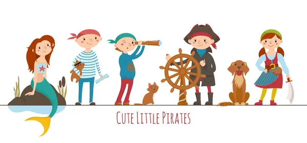 Kids dressed as pirates, captain and mermaid — Stock Vector