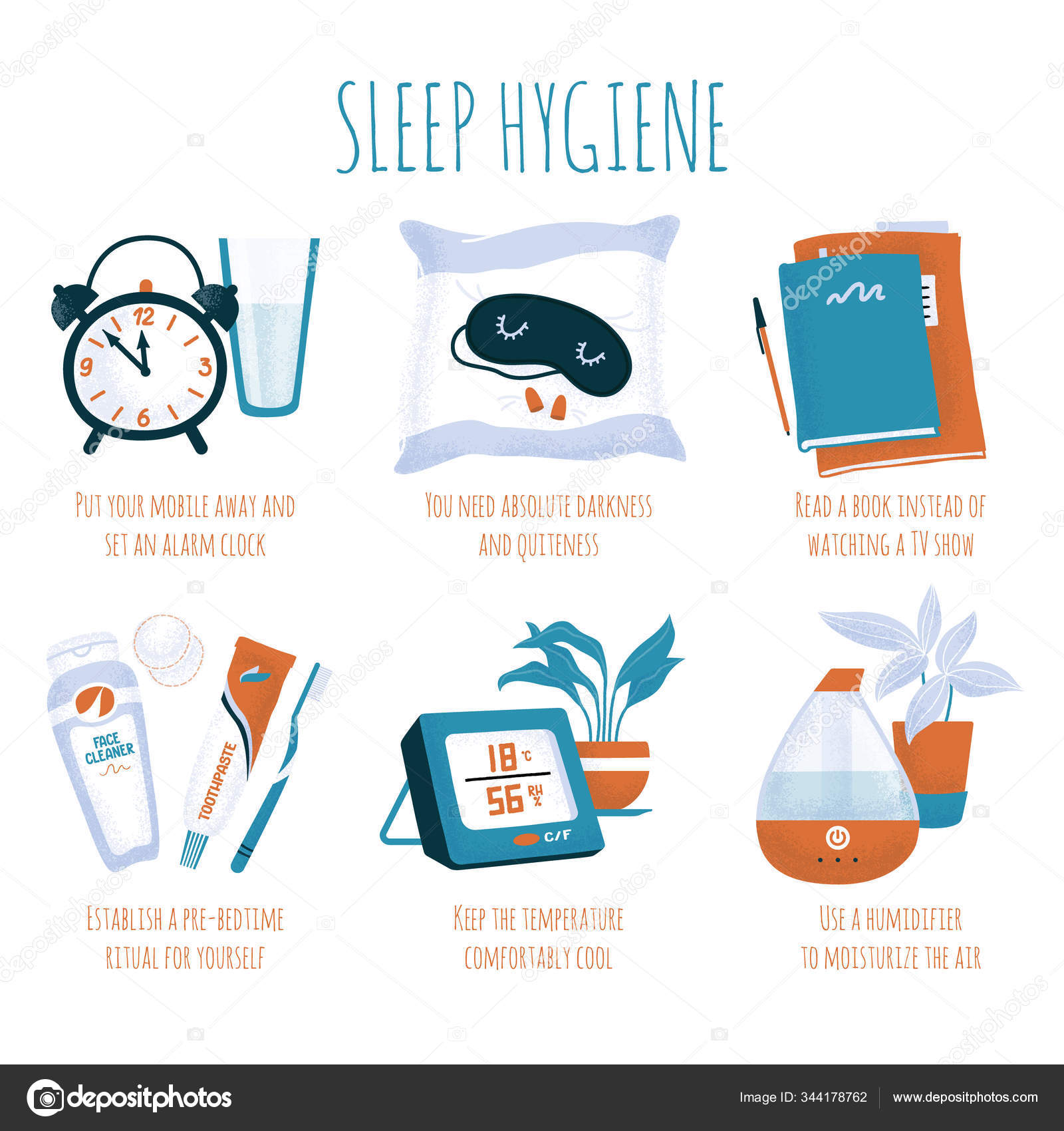 Spot illustrations with sleep hygiene tips — 스톡 벡터 © big_and_serious
