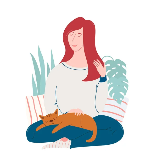Lycklig ung kvinna med katt sover på knä — Stock vektor