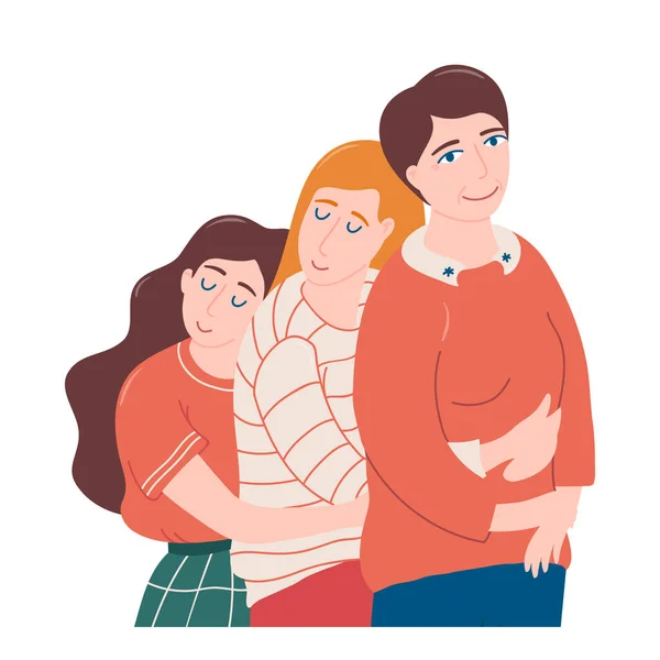 Two young women hugging each other and their mom — Stock Vector