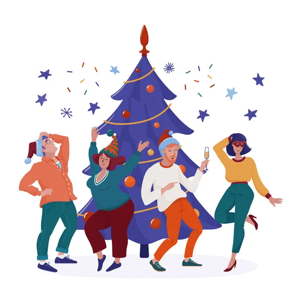 Gente con sombreros de fiesta bailando en el árbol de Navidad — Vector de stock