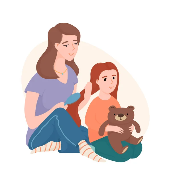 Mom combing her little daughter hair with a brush — Stock vektor