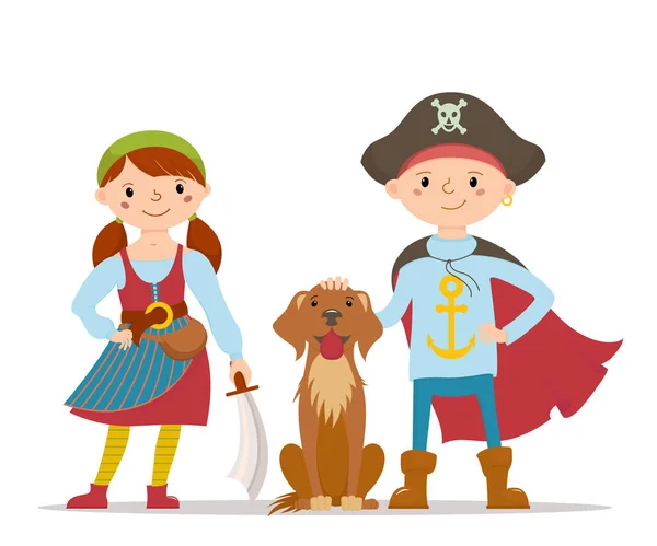 Enfants en robe de fantaisie pirate et un chien Labrador mignon — Image vectorielle