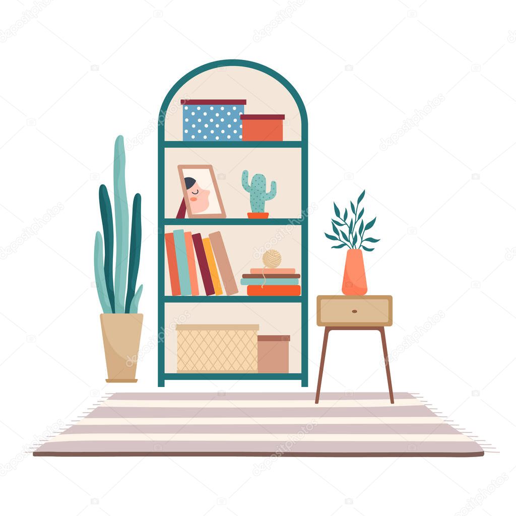 Cabinet with books, side table, carpet and plants