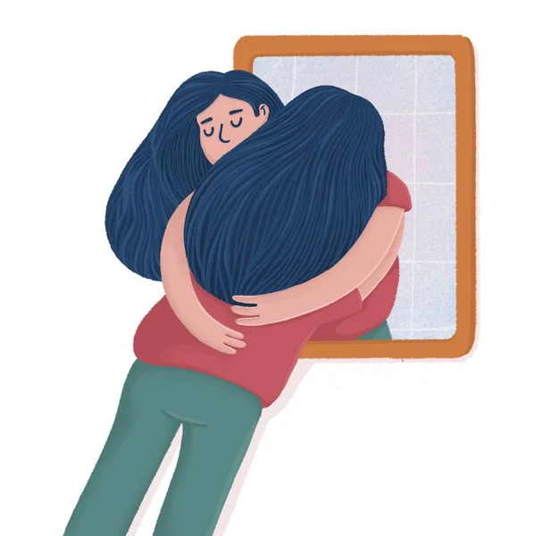 Woman hugging her reflection, self acceptance — Stock Photo, Image