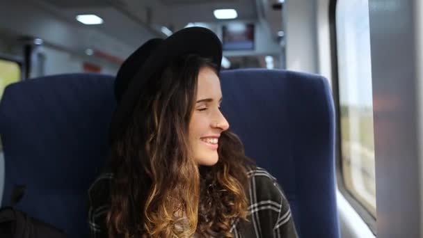 Дівчина їде в поїзді і посміхається — стокове відео