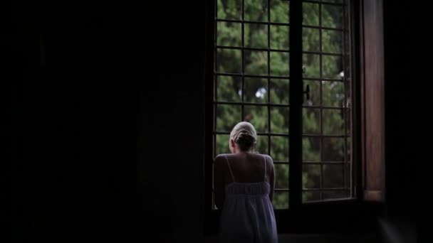 Lány nevet az ablaknál állva — Stock videók