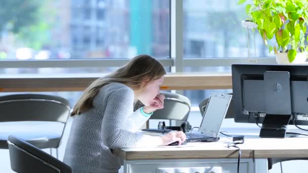 Chica trabajando en un ordenador portátil en la oficina — Vídeos de Stock