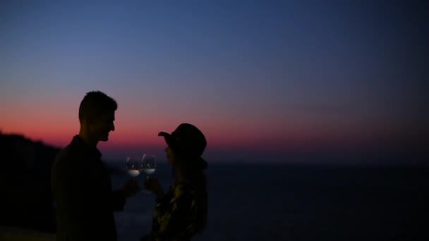 Casal beber vinho ao pôr do sol perto do mar — Vídeo de Stock