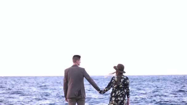 Couple holding hands near the sea — Stock Video