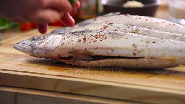 The chef cooks the mackerel — Stock Video