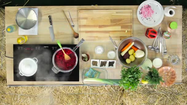 Bir yaz mutfak Üstten Görünüm — Stok video