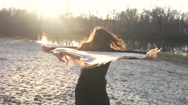 Das Mädchen hat Spaß am Teich — Stockvideo