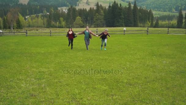 Touristen rennen Händchenhaltend im Tal — Stockvideo