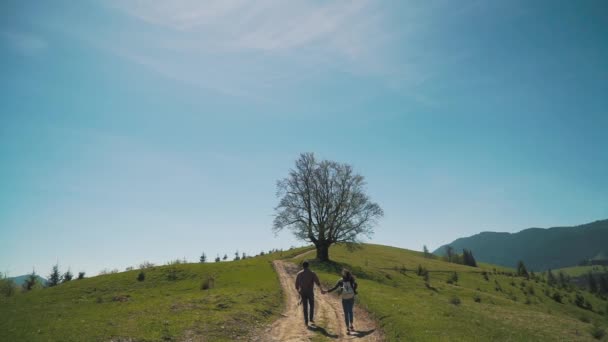 バックパックのカップルは丘を登る — ストック動画