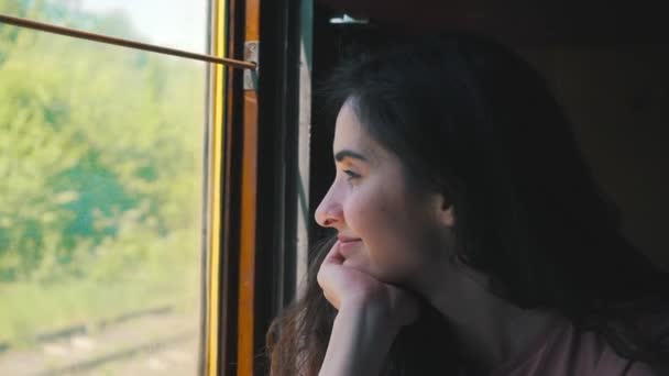 Mädchen schaut aus dem Zug ins Fenster — Stockvideo