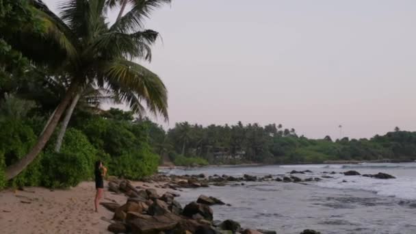 Flickan nära palmerna vid havet — Stockvideo