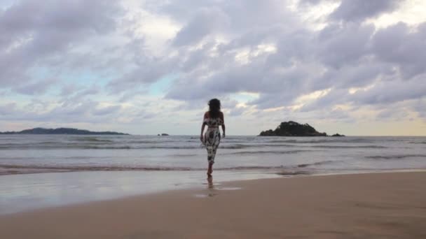 Girl in a dress walking on the ocean shore — Stock Video
