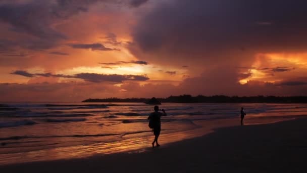 Ludzie na plaży o zachodzie słońca — Wideo stockowe