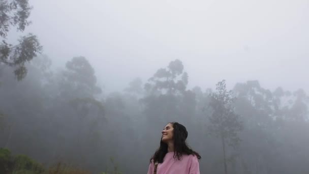 La chica está caminando en el bosque de niebla — Vídeos de Stock