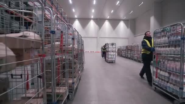 Travailleurs déplacent des marchandises dans un entrepôt — Video