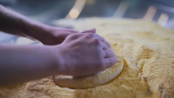 Piziola macht Pizzakuchen in Nahaufnahme — Stockvideo