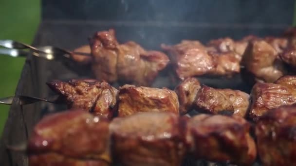 Mięso jest grillowane na grillu zbliżenie — Wideo stockowe