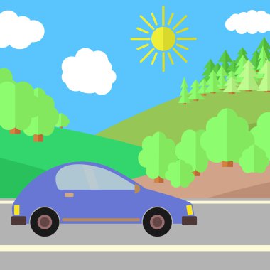 Güneşli bir günde bir yolda mavi araba. 