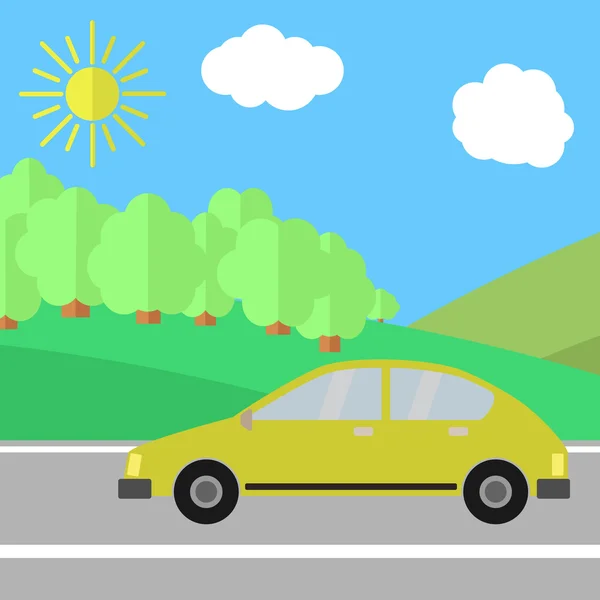 Voiture jaune sur une route par une journée ensoleillée . — Image vectorielle