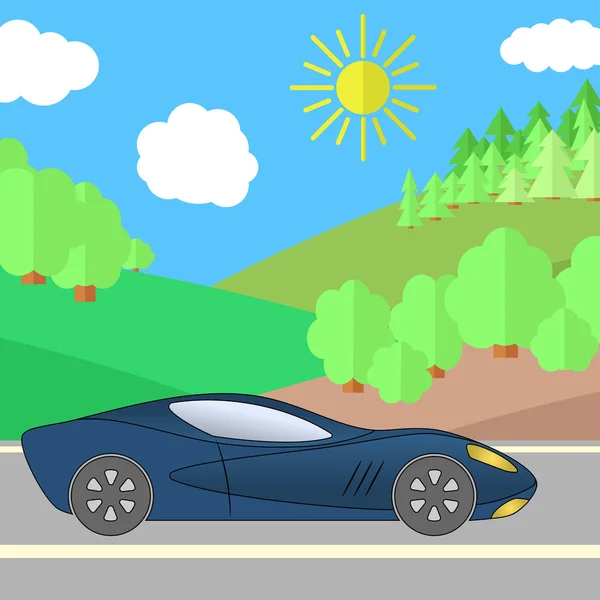 Coche deportivo azul oscuro en un camino en un día soleado . — Vector de stock