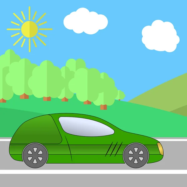 Grön sportbil på en väg på en solig dag. — Stock vektor