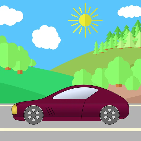 Mörk röd sportbil på en väg på en solig dag. — Stock vektor