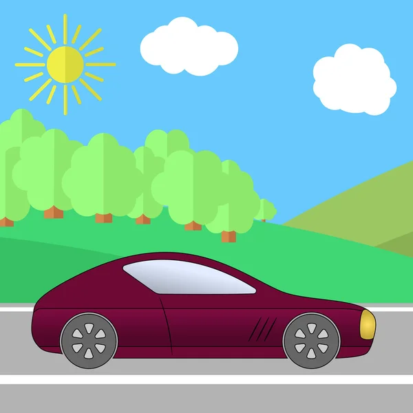 Mörk röd sportbil på en väg på en solig dag. — Stock vektor