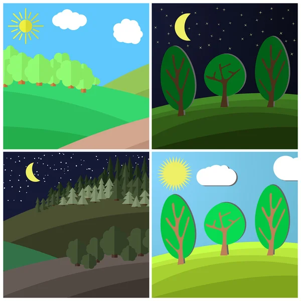 Set of summer landscape. Day and Night on a Clearing in the Forest. — Stock Vector