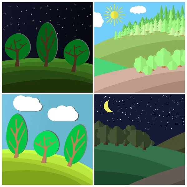 Set of summer landscape. Day and Night on a Clearing in the Forest. — Stock Vector