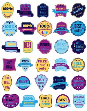 Otuz vektör rozetleri şeritler set. Web çıkartmaları ve etiketleri.