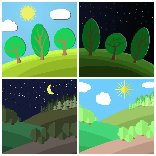 Set of summer landscape. Day and Night on a Clearing in the Forest. — Stock Vector