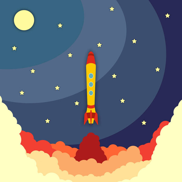 Запуск ракеты. Векторная иллюстрация с летающей ракетой. Космические путешествия
. 
