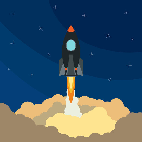 Space rocket launch. Vector illustration with flying rocket. Space travel. 