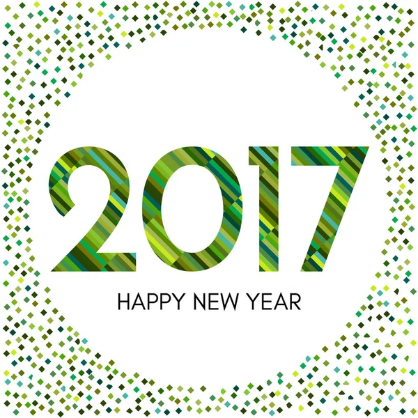 Feliz Año Nuevo 2017 etiqueta con confeti verde y líneas — Vector de stock