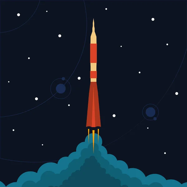 Εκτόξευση πυραύλου στο διάστημα. Εικονογράφηση διάνυσμα με ιπτάμενα ρόκα. — Διανυσματικό Αρχείο