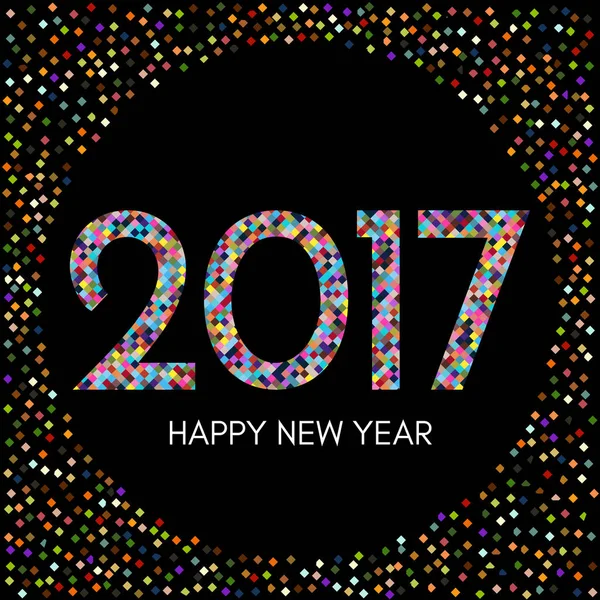Etiqueta Feliz Año Nuevo 2017 con confeti colorido sobre fondo negro . — Vector de stock