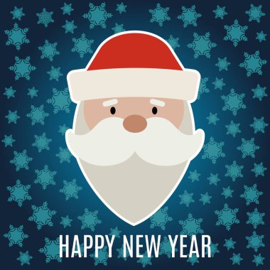 Kar taneleri koyu mavi zemin üzerine Noel Baba ile yeni yıl tebrik kartı