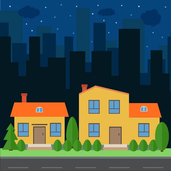 Vektör gece şehir karikatür evler ve Binalar ile. — Stok Vektör